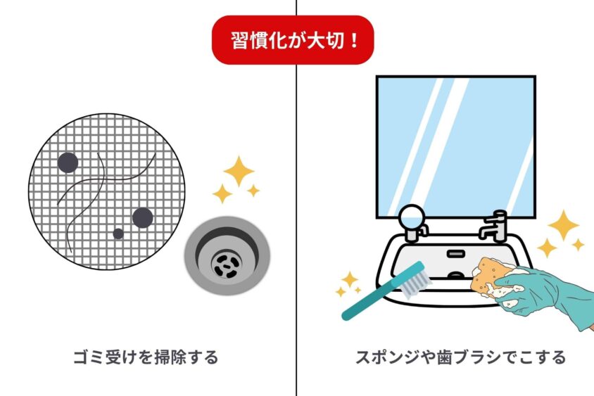 洗面所の排水口の掃除を習慣化する様子