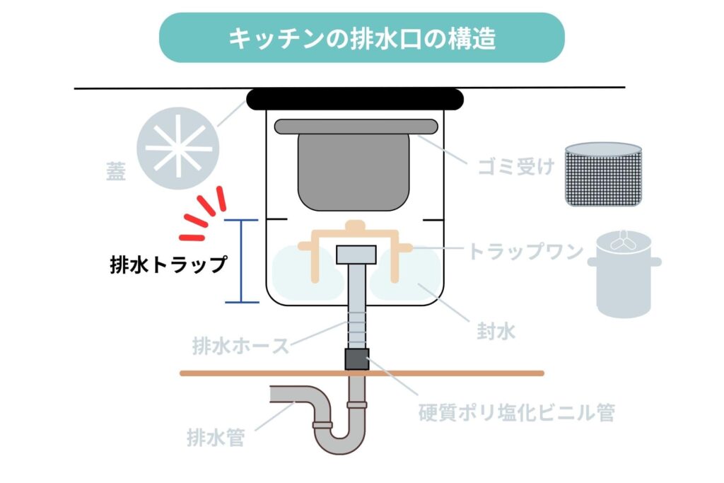 キッチンの排水口：排水トラップのイラスト