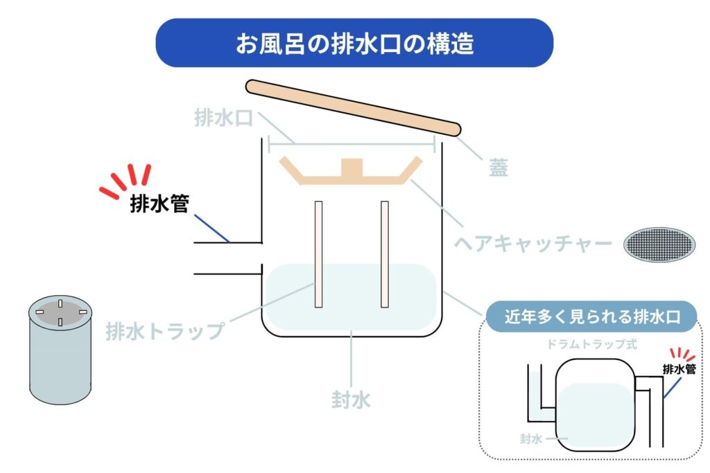 お風呂の排水管が汚れている様子