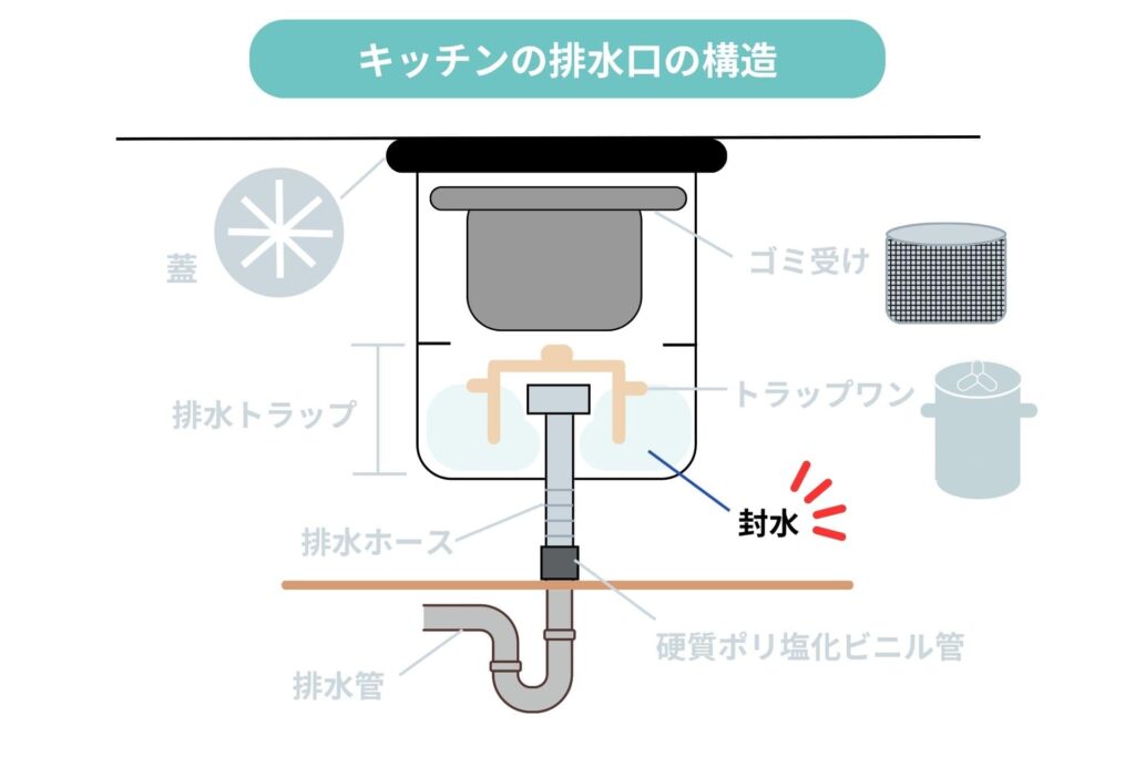 キッチンの排水口：封水のイラスト