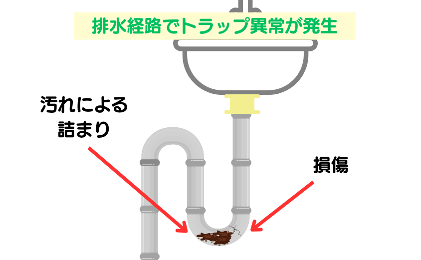 排水経路でトラップ異常が発生している