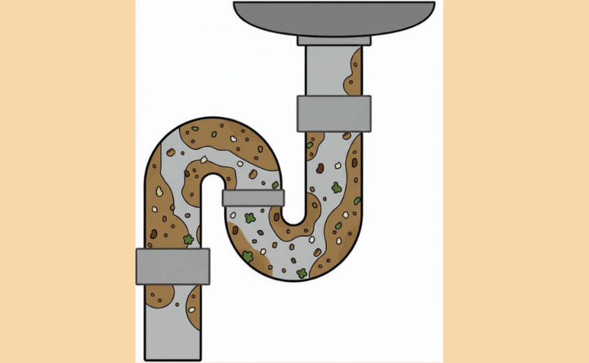 排水管に汚れが蓄積してキッチンの排水口つまりが生じているイメージ