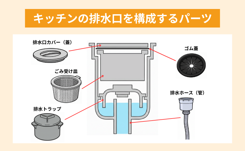 キッチンの排水口を構成するパーツ