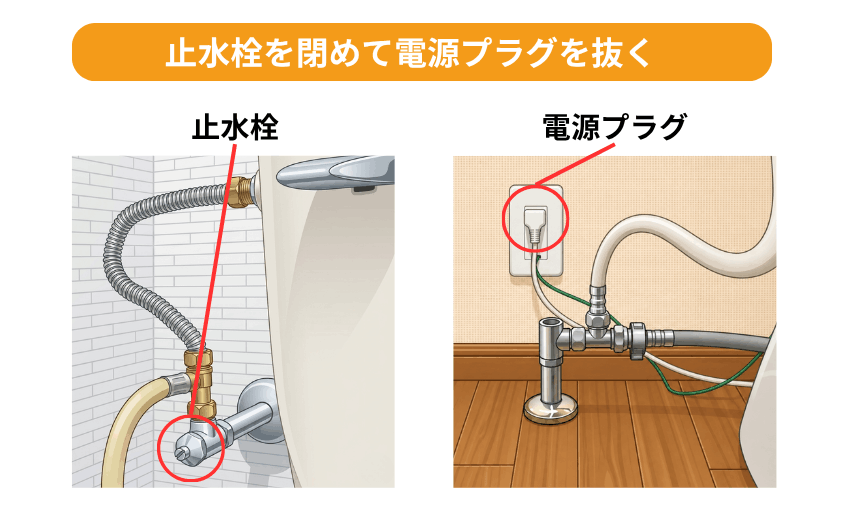 止水栓を閉めて電源プラグを抜く