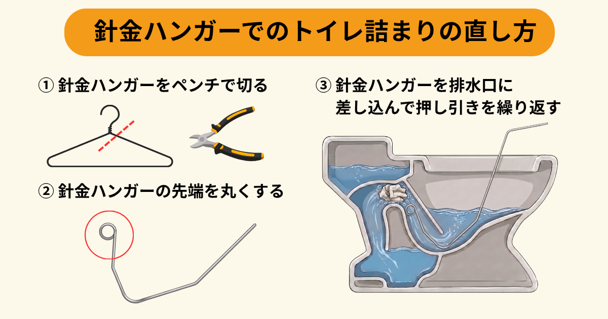 針金ハンガーでのトイレ詰まりの直し方